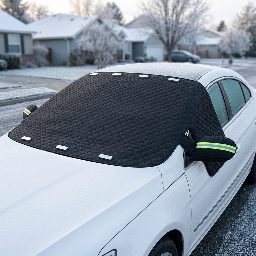 Białe auto pod czarną osłoną na przednią szybę i lusterka w mroźny poranek